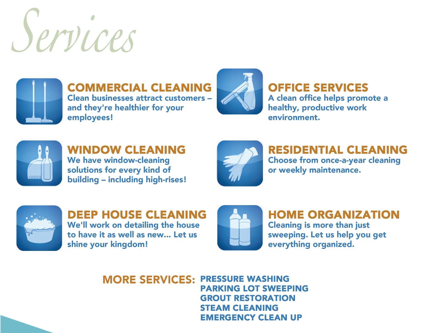 A page of different cleaning services