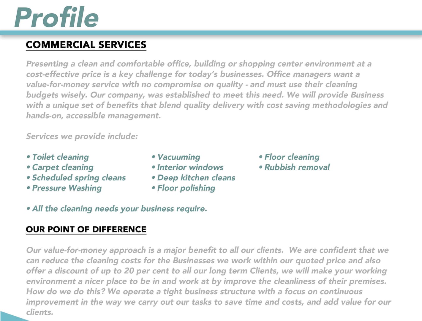 A page of the profile for commercial services.